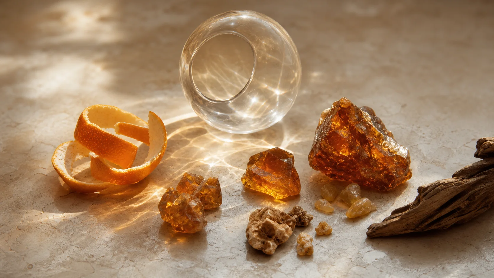 Scorza d’arancia, resine ambrate, legno e vetro in una composizione olfattiva luminosa