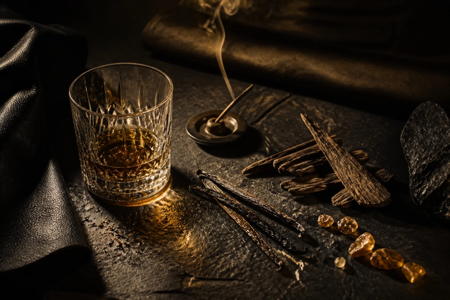 Whisky ambrato, incenso, vaniglia, legni scuri e pelle nera su una superficie notturna