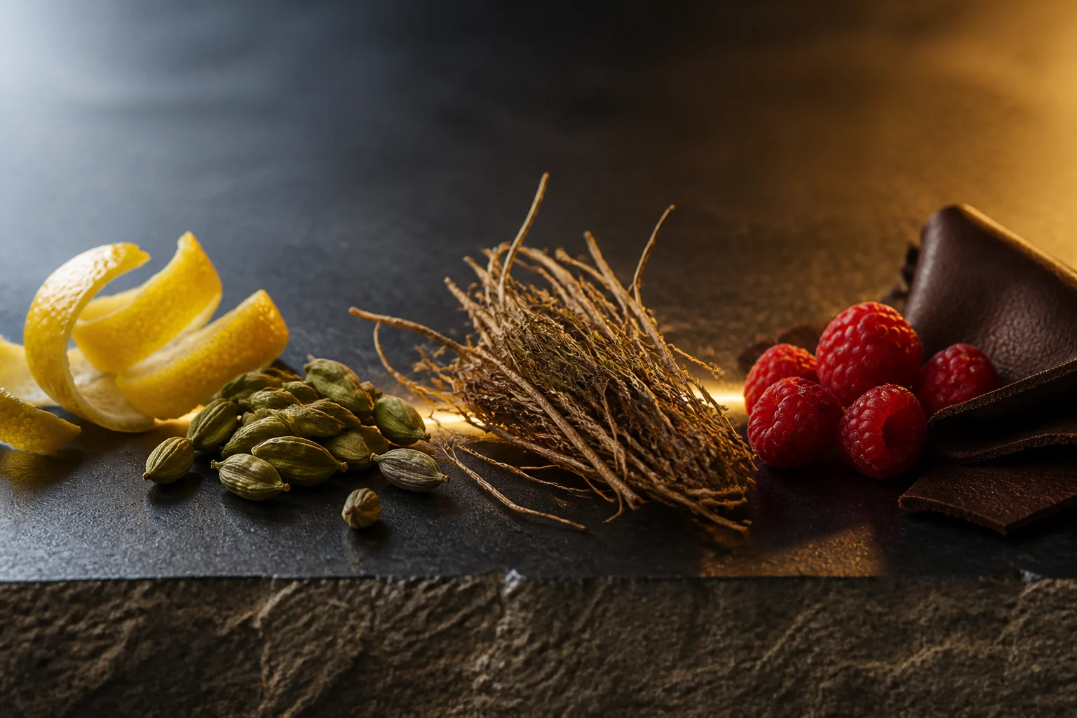 Scorze di limone, cardamomo verde, radici di vetiver, lamponi e cuoio fra luce fredda e oro
