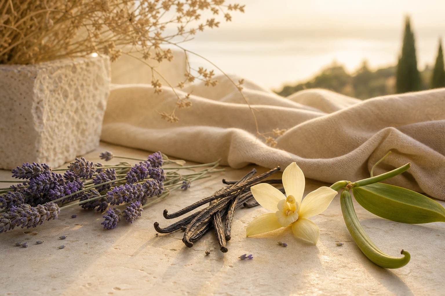 Lavanda, fiore di vaniglia, baccelli verdi e bacche di vaniglia essiccate nella luce dorata