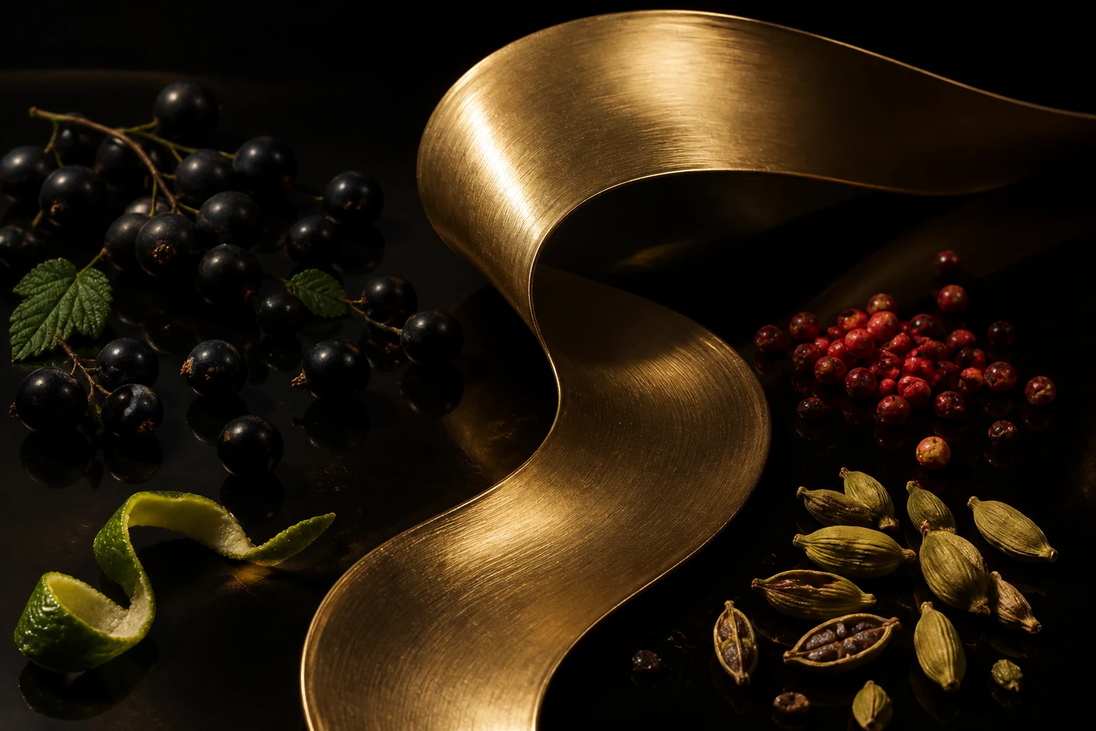 Ribes nero, pepe rosa, cardamomo e bergamotto accanto a una curva astratta di oro satinato