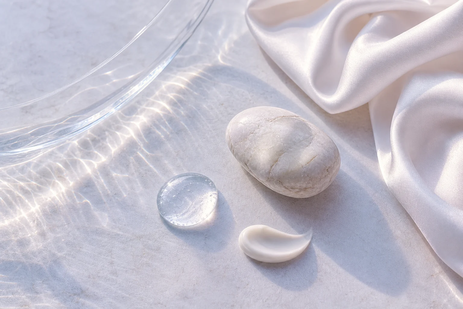 Acqua luminosa, una goccia di gel, una piccola quantità di crema, pietra chiara e seta perlata