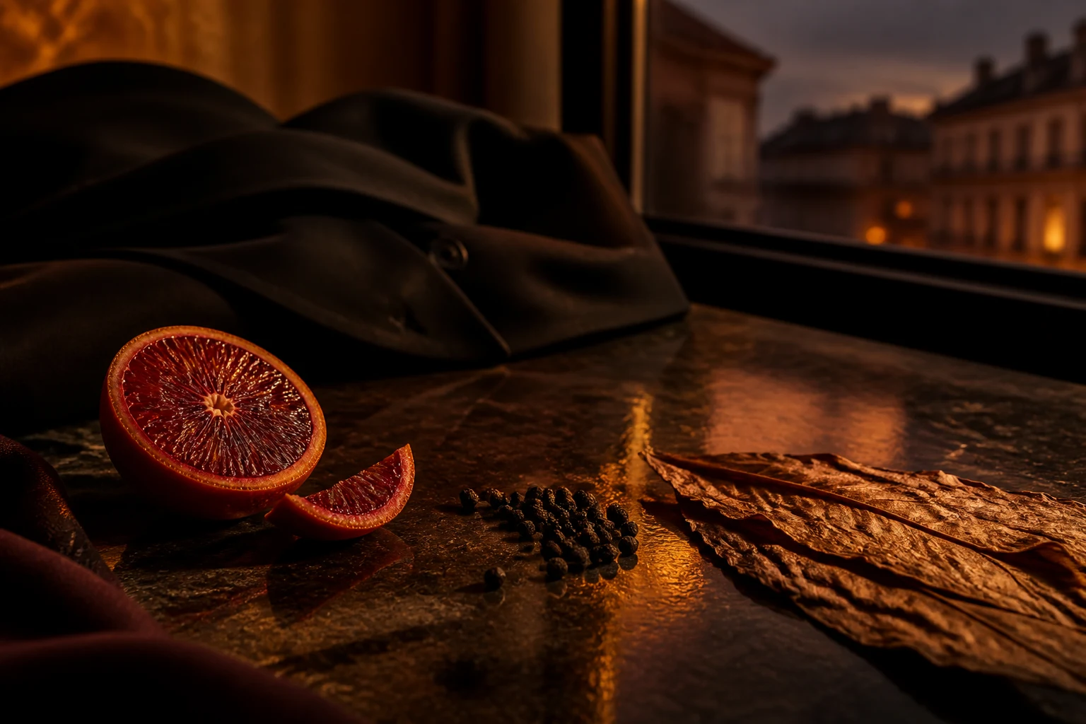 Arancia rossa, pepe nero e foglie di tabacco su un tavolo di pietra illuminato da una luce ambrata