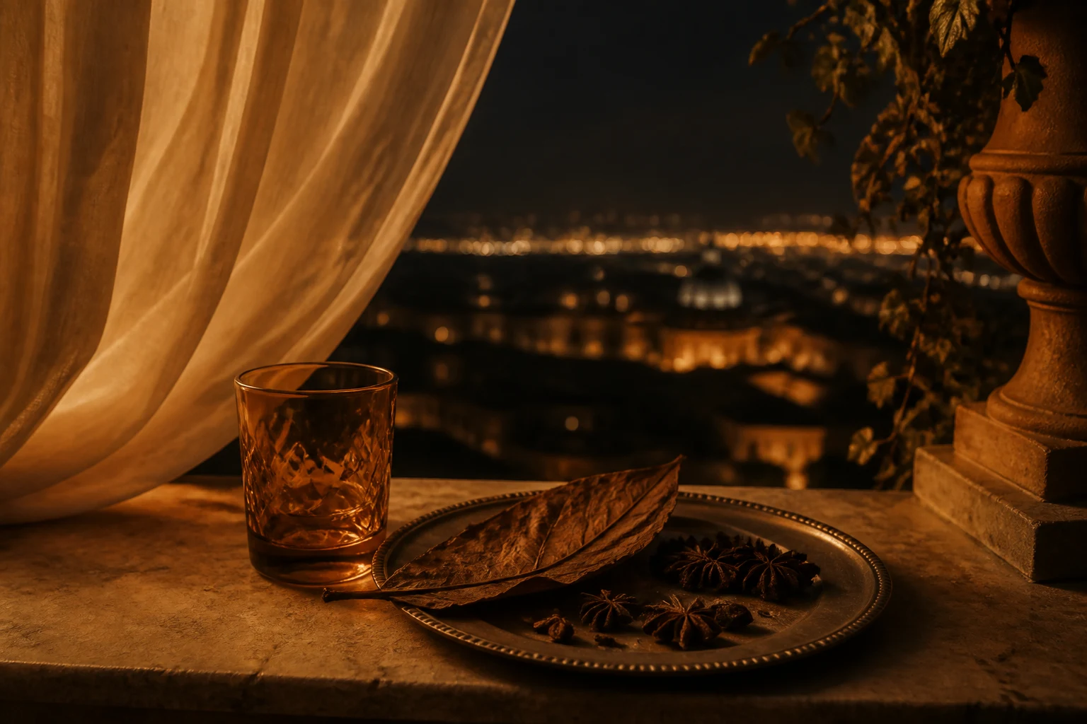Terrazza italiana di notte con un bicchiere ambrato, spezie e tende leggere illuminate da luce dorata
