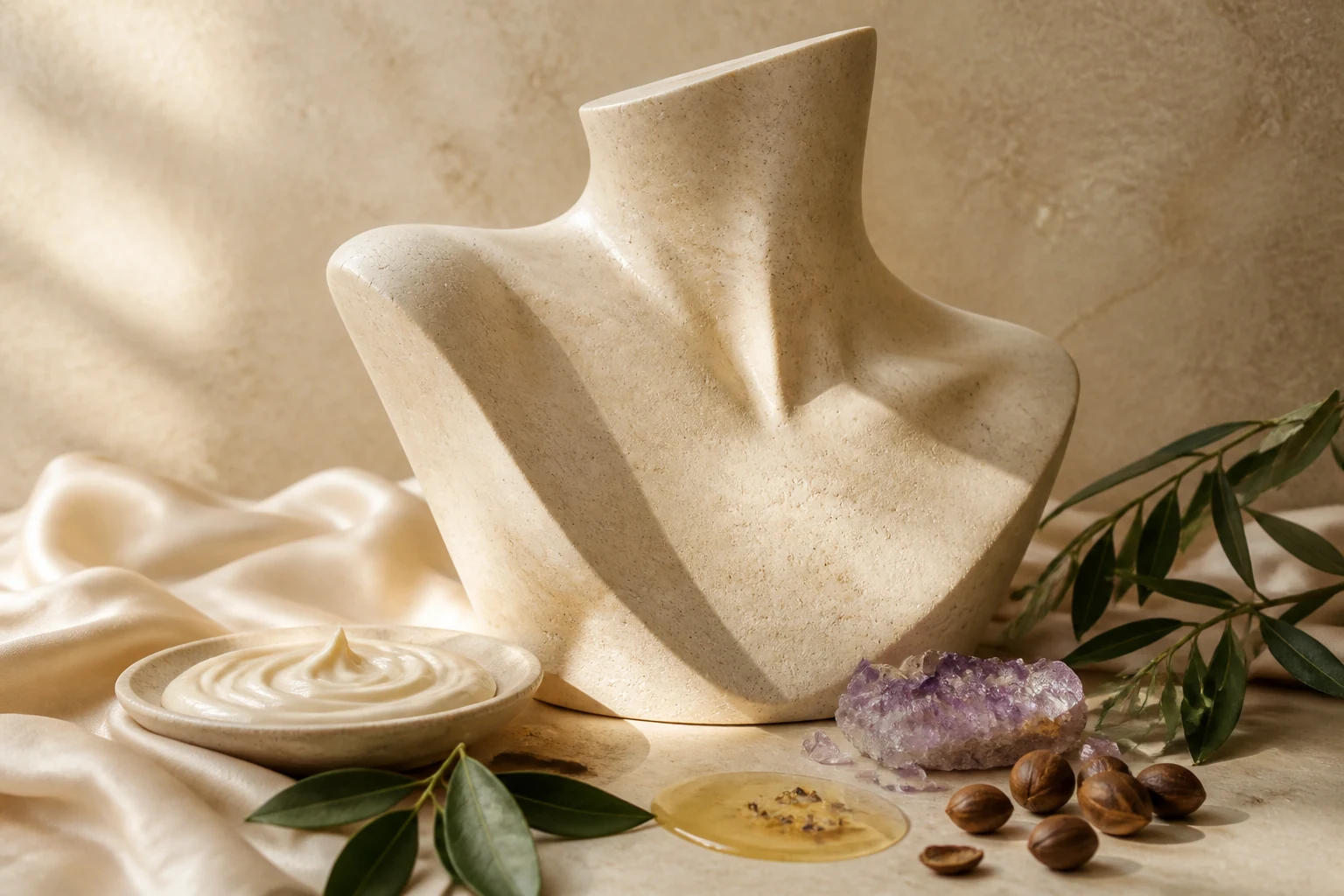 Forma scultorea di collo e décolleté fra crema, olio dorato, ametista, seta e foglie verdi