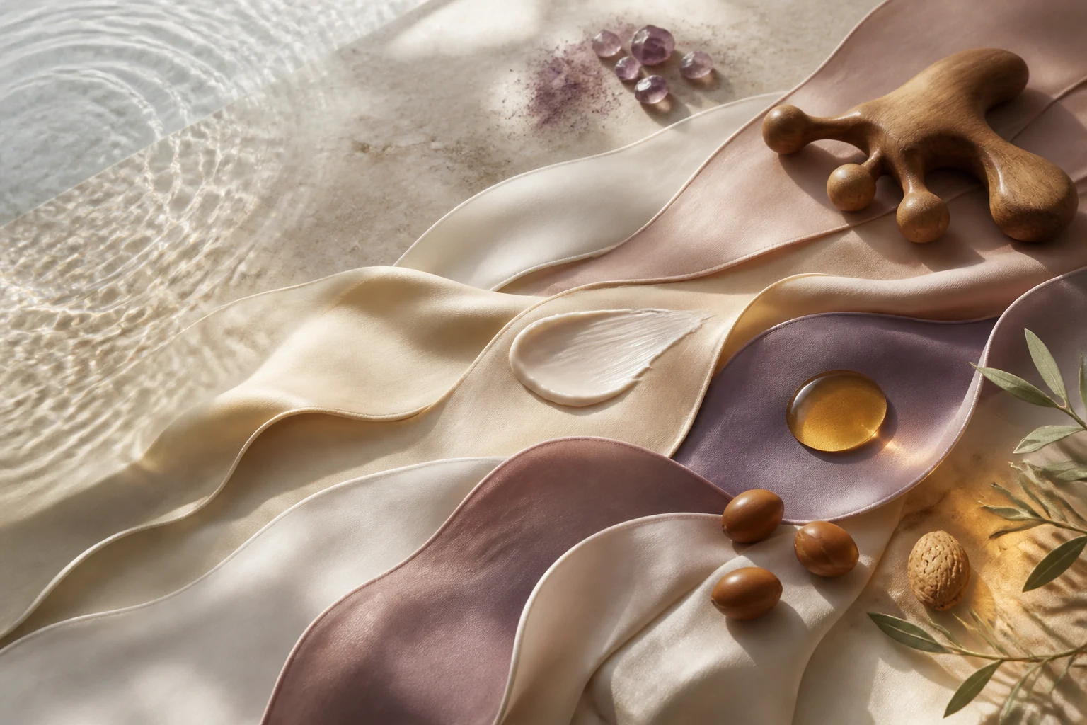 Sette nastri di seta color avorio e ametista con crema, olio, acqua e uno strumento in legno da massaggio