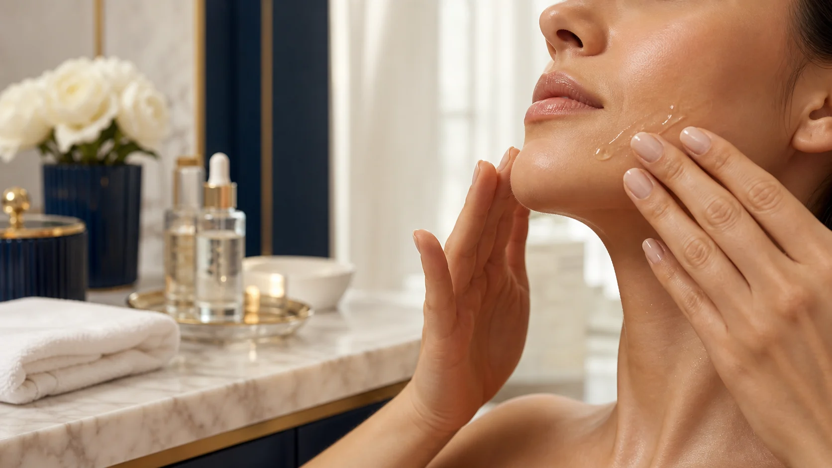 Rituale skincare luxury con gel-siero applicato su viso e collo