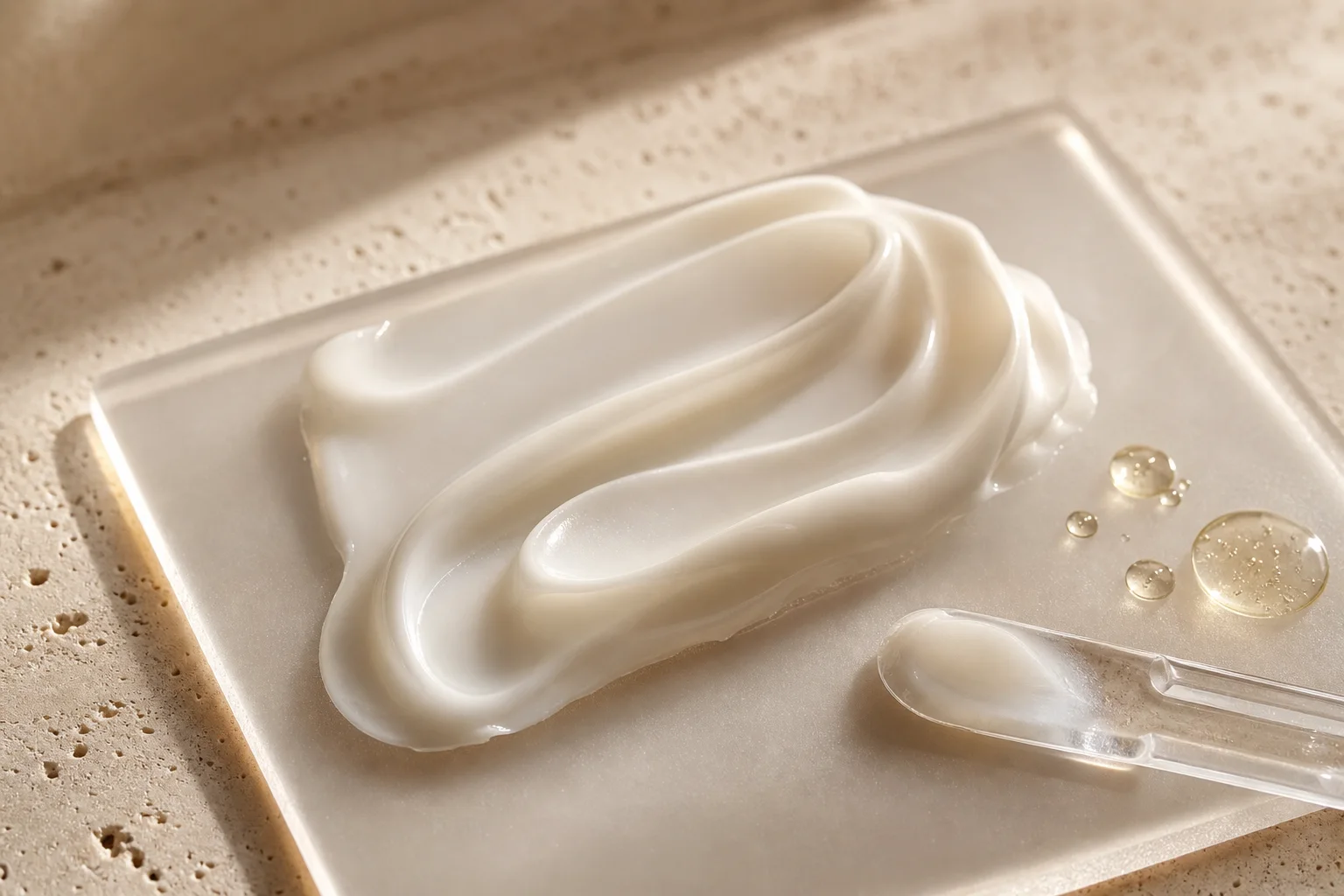 Texture setosa di crema viso color perla con gocce di siero su vetro e pietra chiara