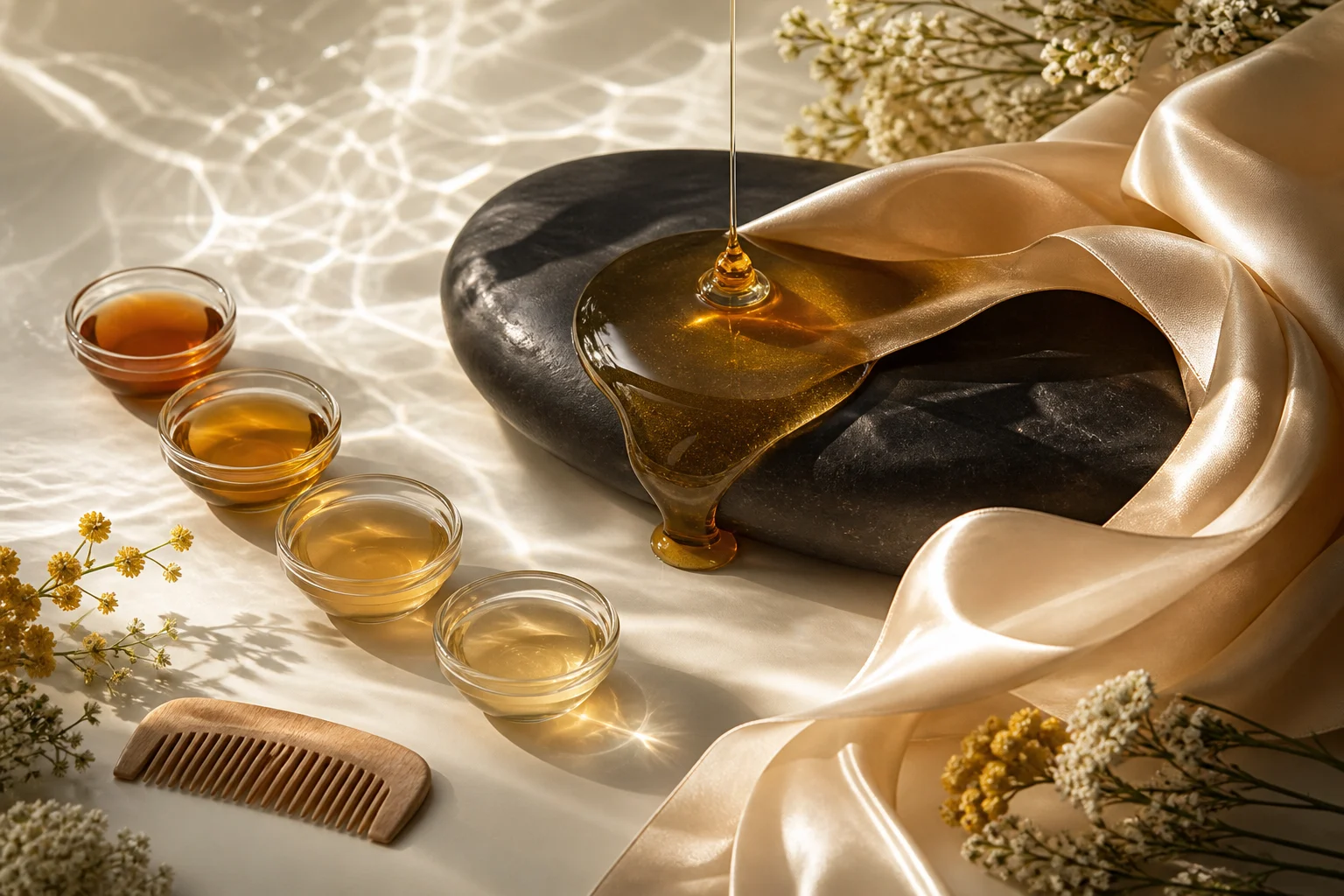 Miele ambrato, seta champagne, pietra nera, quattro ciotole di miele e un pettine in legno