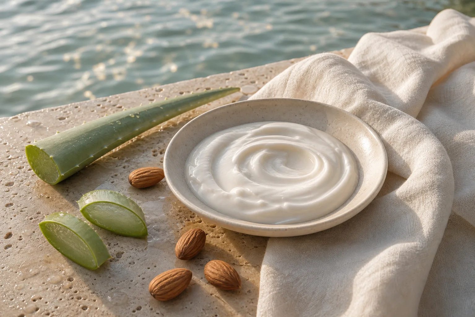 Texture di latte corpo con aloe, mandorle, lino e acqua in una scena estiva luminosa