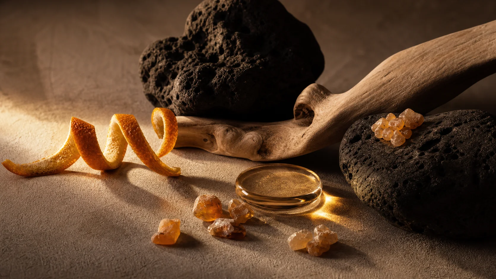 Scorza d’arancia, legno chiaro, pietra scura e resine ambrate in una scena serale