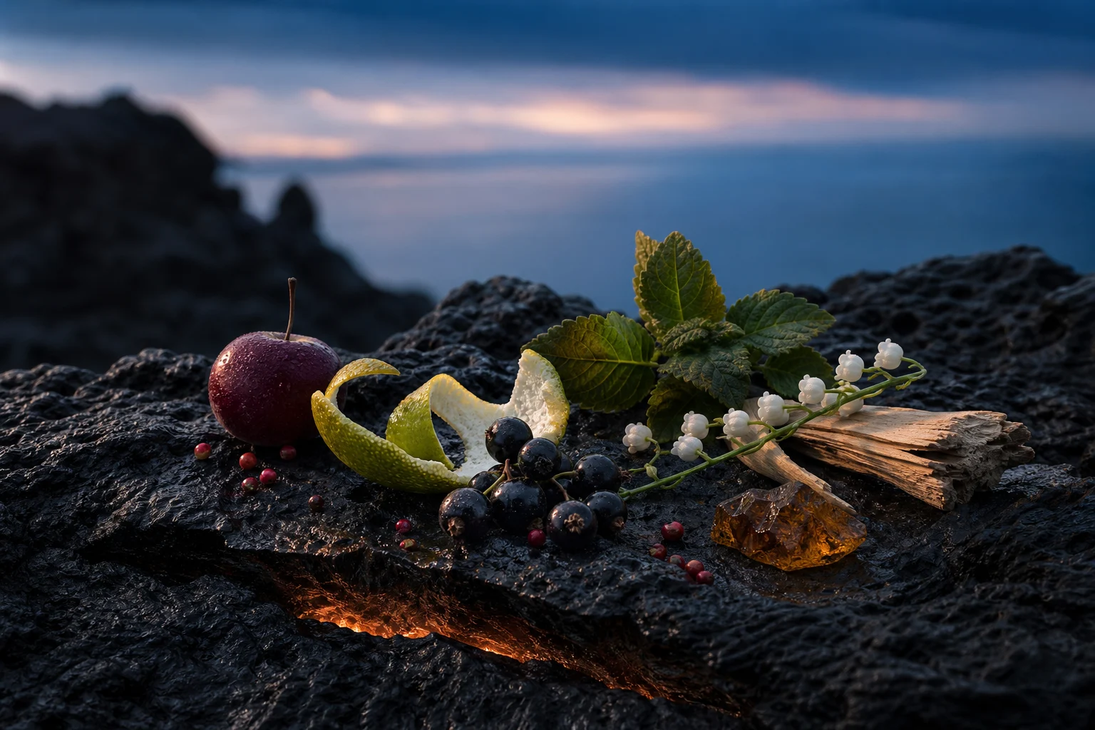 Bergamotto, ribes nero, mela, mughetto, patchouli, cedro e ambra su pietra vulcanica davanti al mare