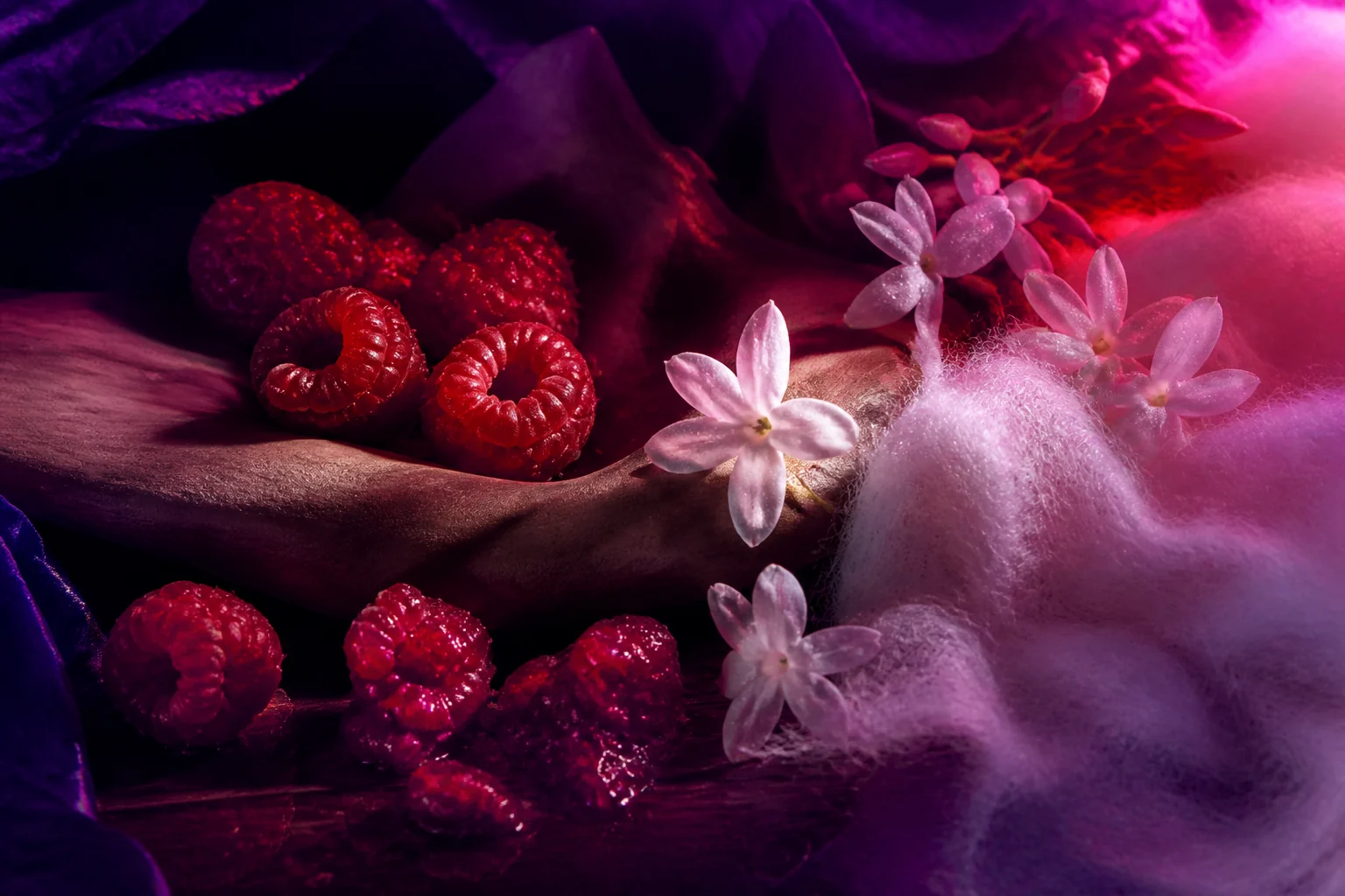 Lamponi, gelsomino bianco, legno levigato e tessuto soffice immersi in una luce rosa e viola