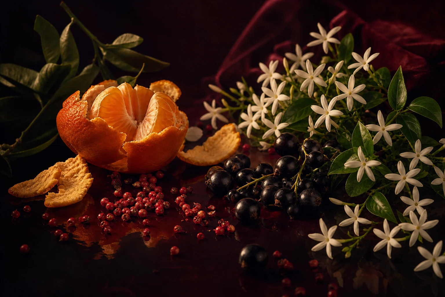 Mandarino, pepe rosa, ribes nero e piccoli fiori bianchi di gelsomino su una superficie bordeaux