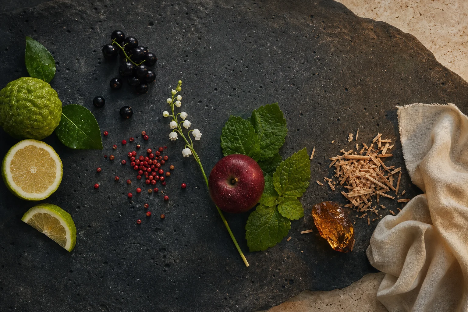 Bergamotto, ribes nero, Rosa Baie, mughetto, mela, patchouli, cedro e ambra disposti su basalto