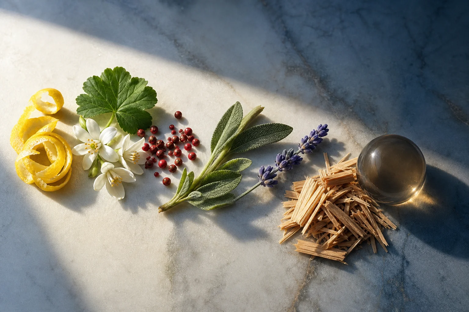 Scorza di limone, fiori bianchi, geranio, pepe rosa, salvia, lavanda e cedro disposti in sequenza