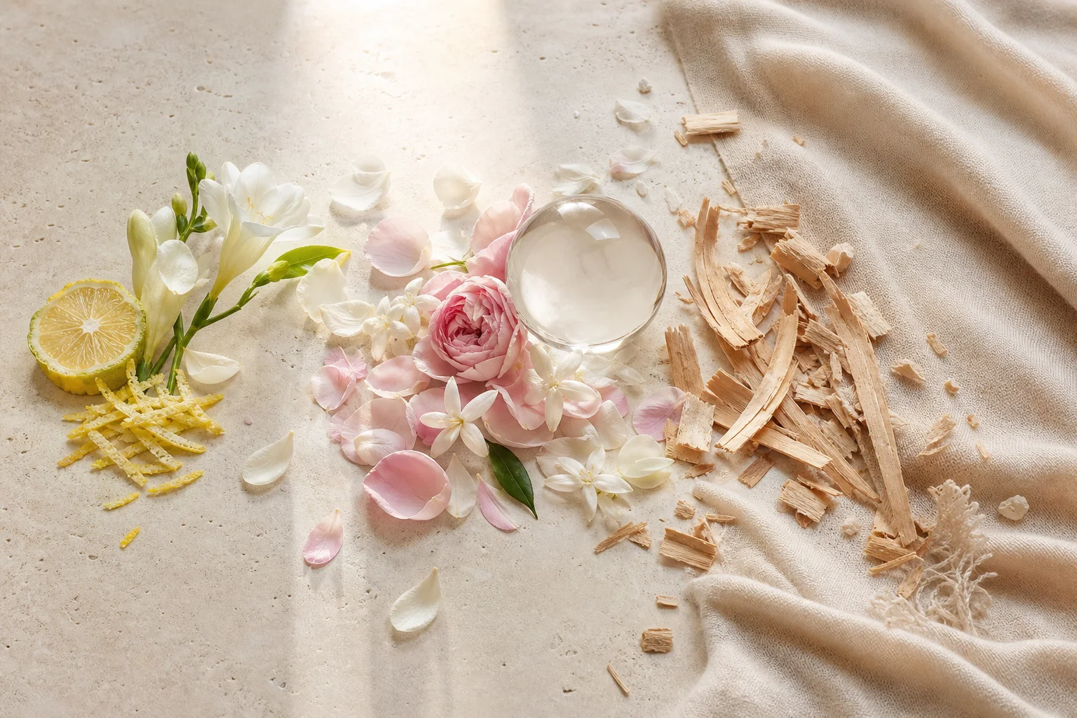 Scorza di bergamotto, petali bianchi e rosa, sfera di vetro, cedro e tessuto color avorio