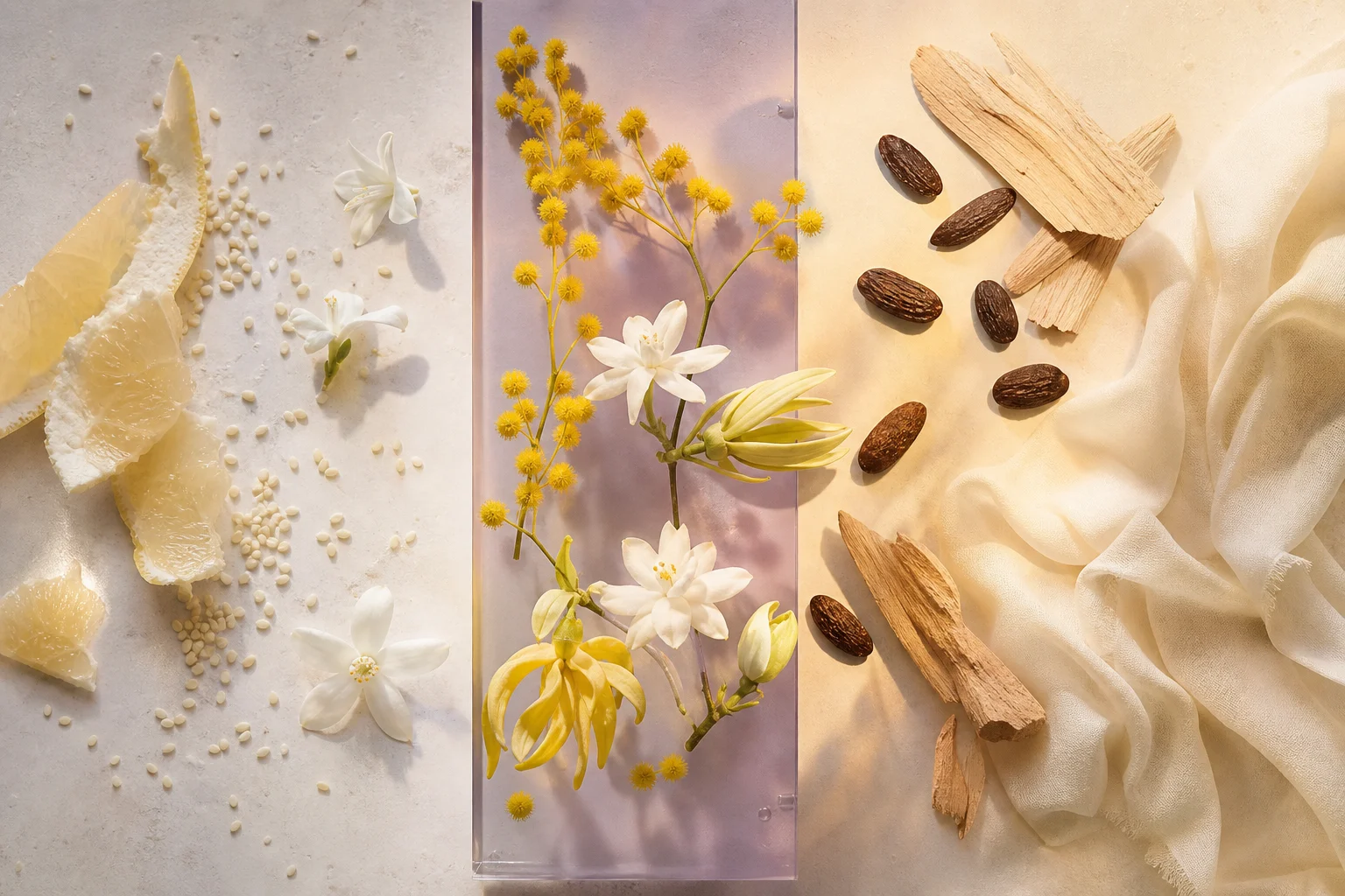 Pompelmo, sesamo e neroli accanto a mimosa, ylang ylang, gelsomino, tonka, sandalo e seta avorio