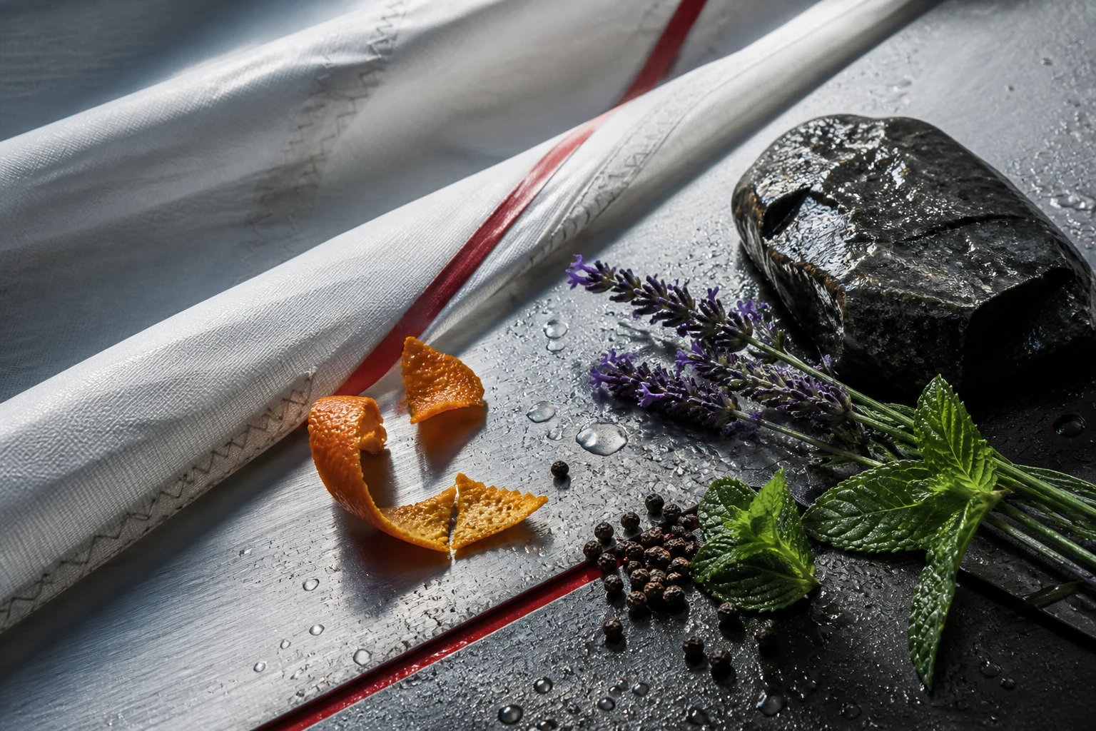 Lavanda, menta, scorza d’arancia e pietra minerale su una vela tecnica attraversata da una linea rossa