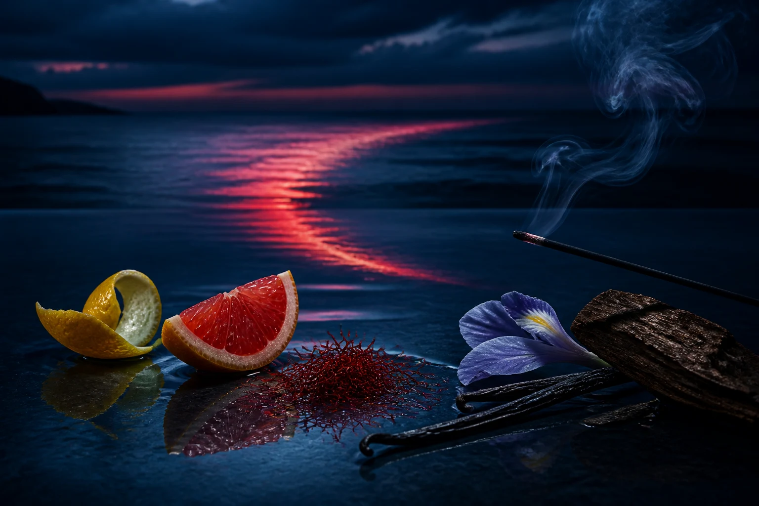 Limone, pompelmo, zafferano, iris, vaniglia, incenso e quercia su una superficie blu oceano
