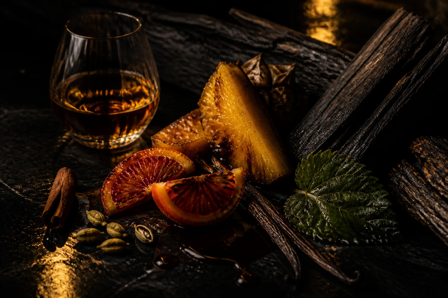 Ananas arrostito, arancia rossa, cardamomo, cannella, vaniglia e legno scuro in una scena notturna
