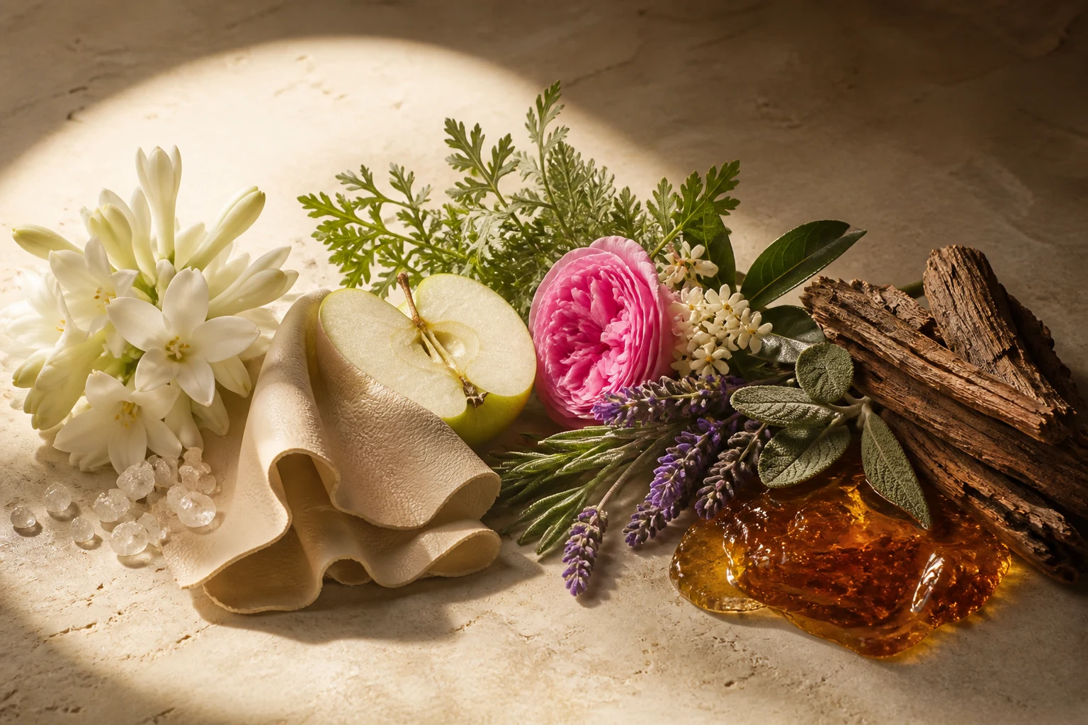 Tuberosa, mela, rosa, lavanda, salvia, legni e resina illuminati da una luce dorata