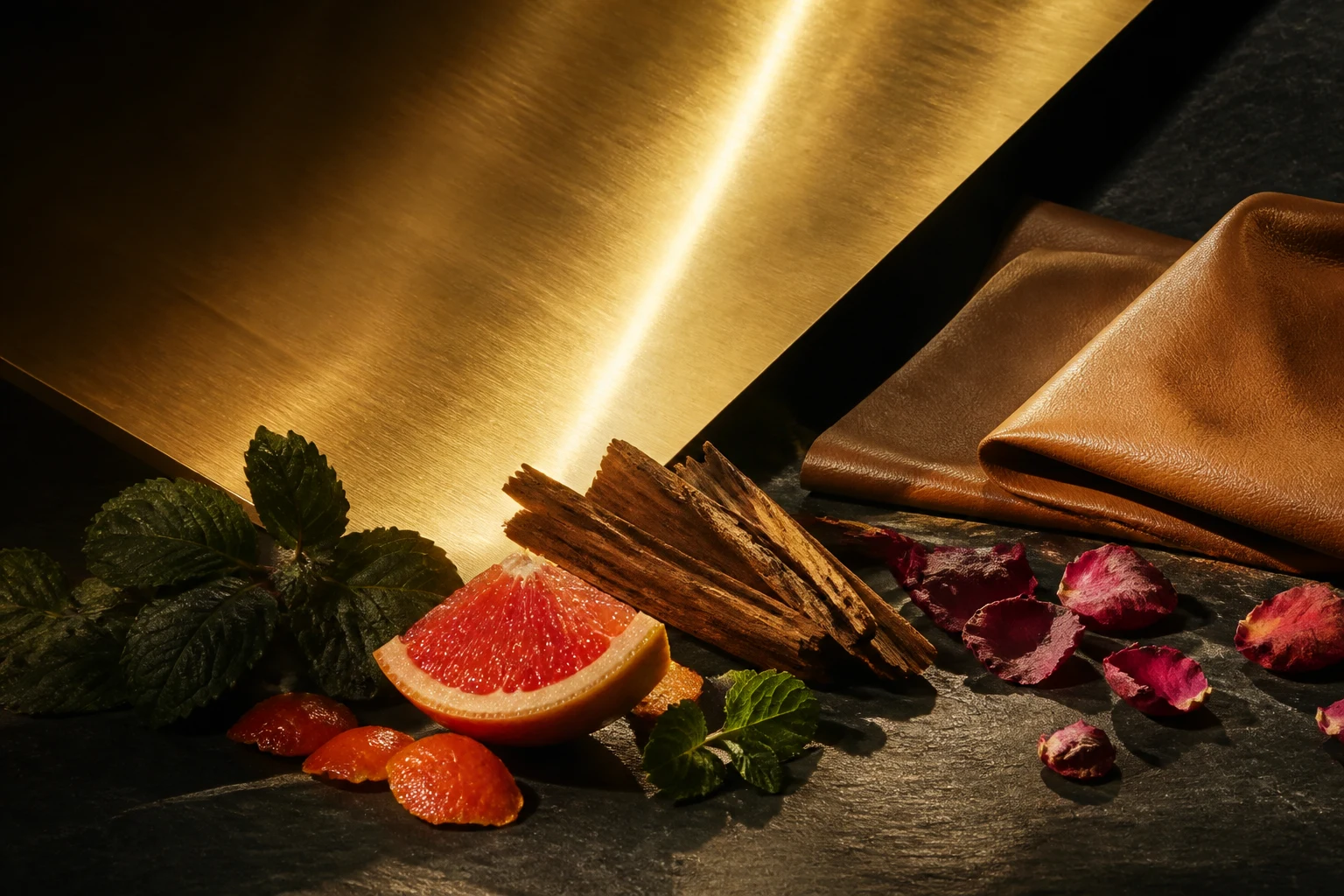 Superficie dorata, menta, agrumi, legni, petali di rosa e cuoio su pietra scura