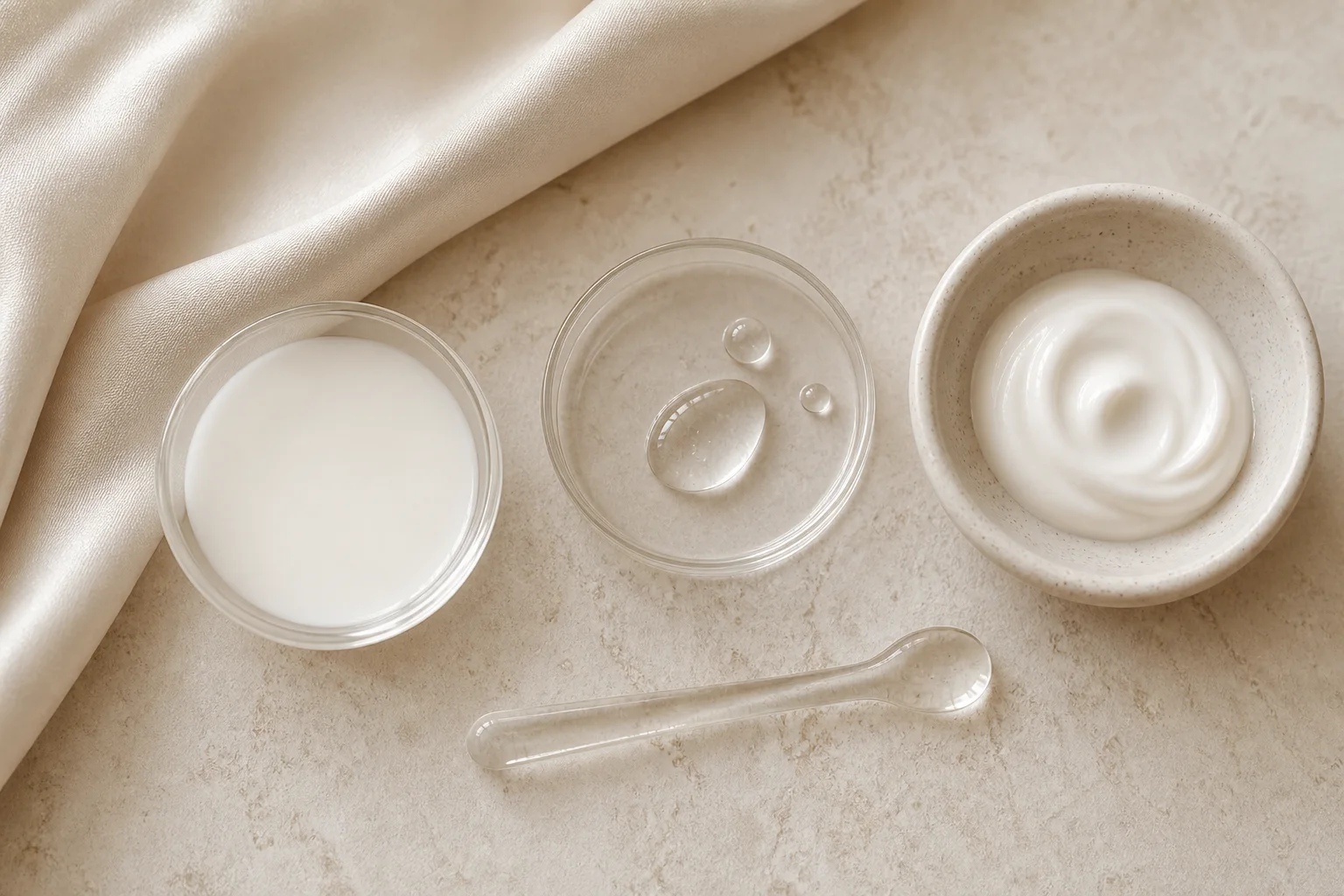 Tre texture skincare per detersione, siero e crema disposte su pietra chiara e seta