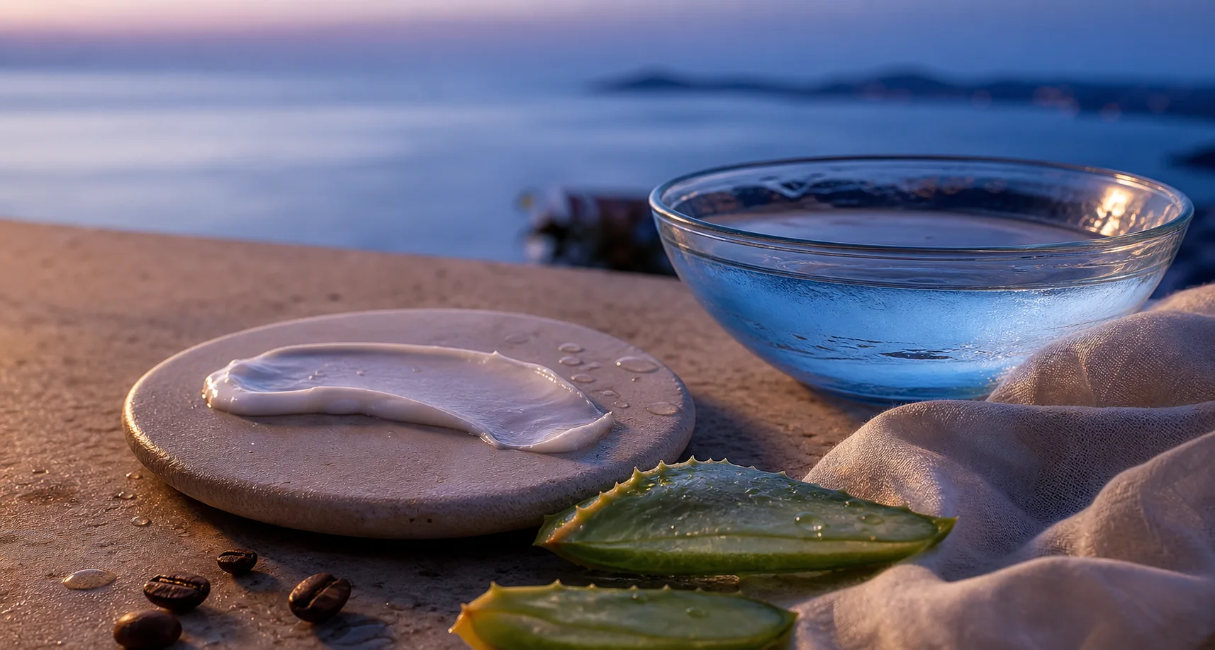 Latte corpo, aloe, acqua fresca e lino su pietra al tramonto