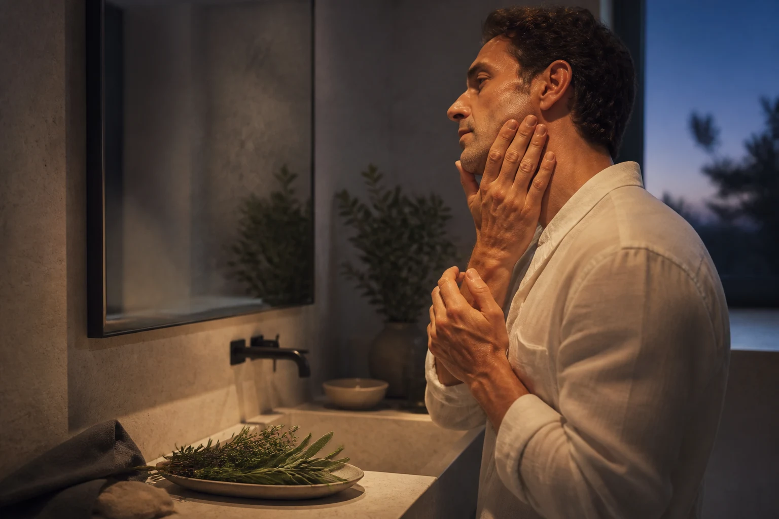 Uomo che applica il trattamento su viso e collo dopo la rasatura accanto a erbe aromatiche