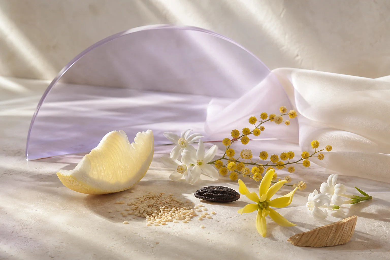 Sesamo, pompelmo bianco, neroli, mimosa, ylang ylang, gelsomino, tonka e sandalo nella luce viola