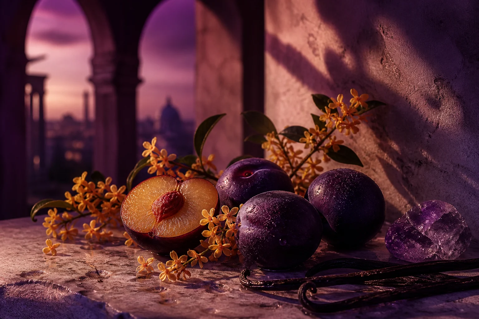 Prugne viola, osmanto dorato e baccelli di vaniglia su travertino romano al crepuscolo