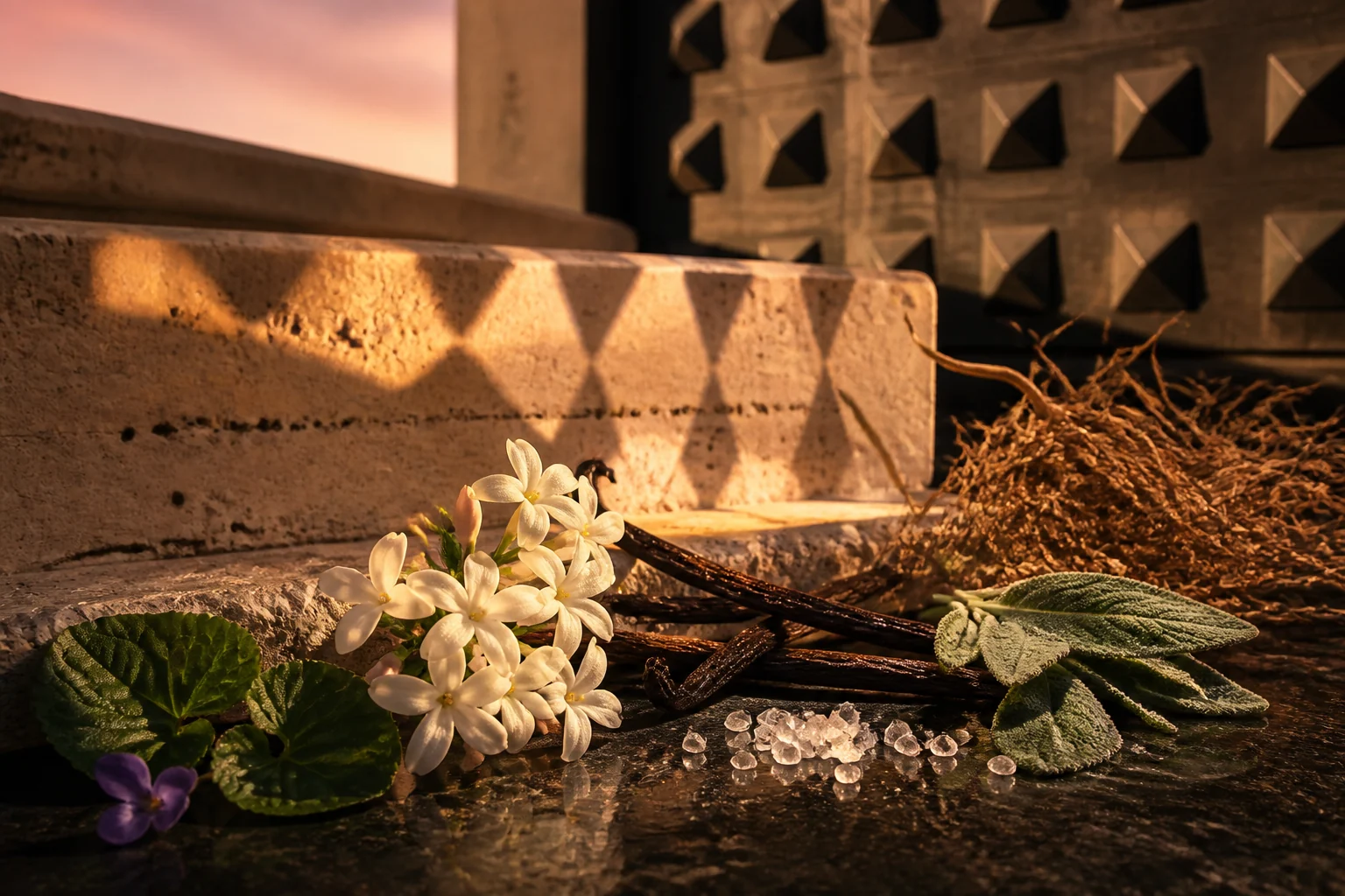 Gelsomino, foglie di violetta, salvia, vaniglia, sale e vetiver sul travertino nella luce di Roma
