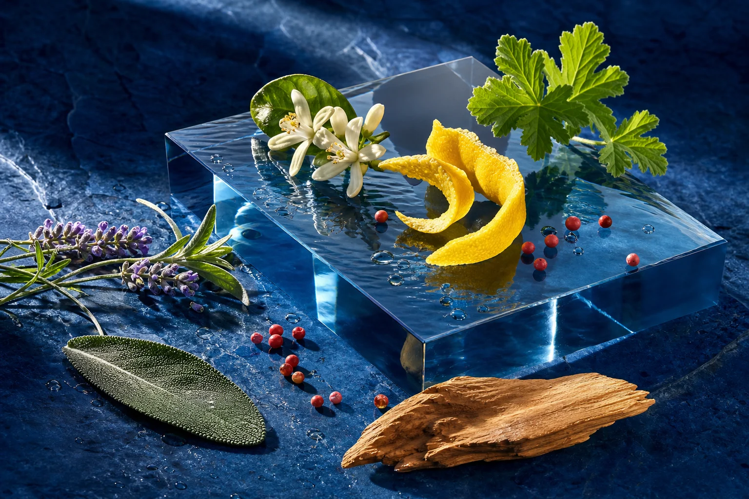 Limone, fiore d’arancio, geranio, lavanda, salvia, pepe rosa e cedro su vetro blu