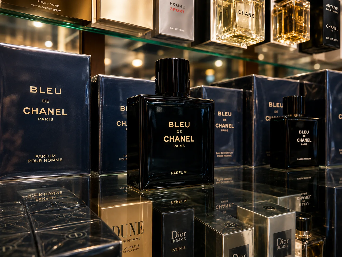 Profumi Bleu de Chanel esposti con fragranze uomo in profumeria