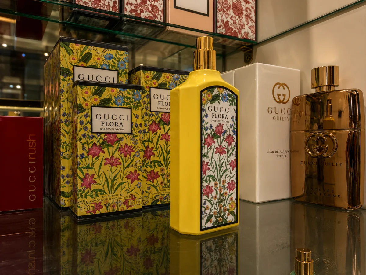 Profumo Gucci Flora Gorgeous Orchid accanto a Gucci Guilty in vetrina
