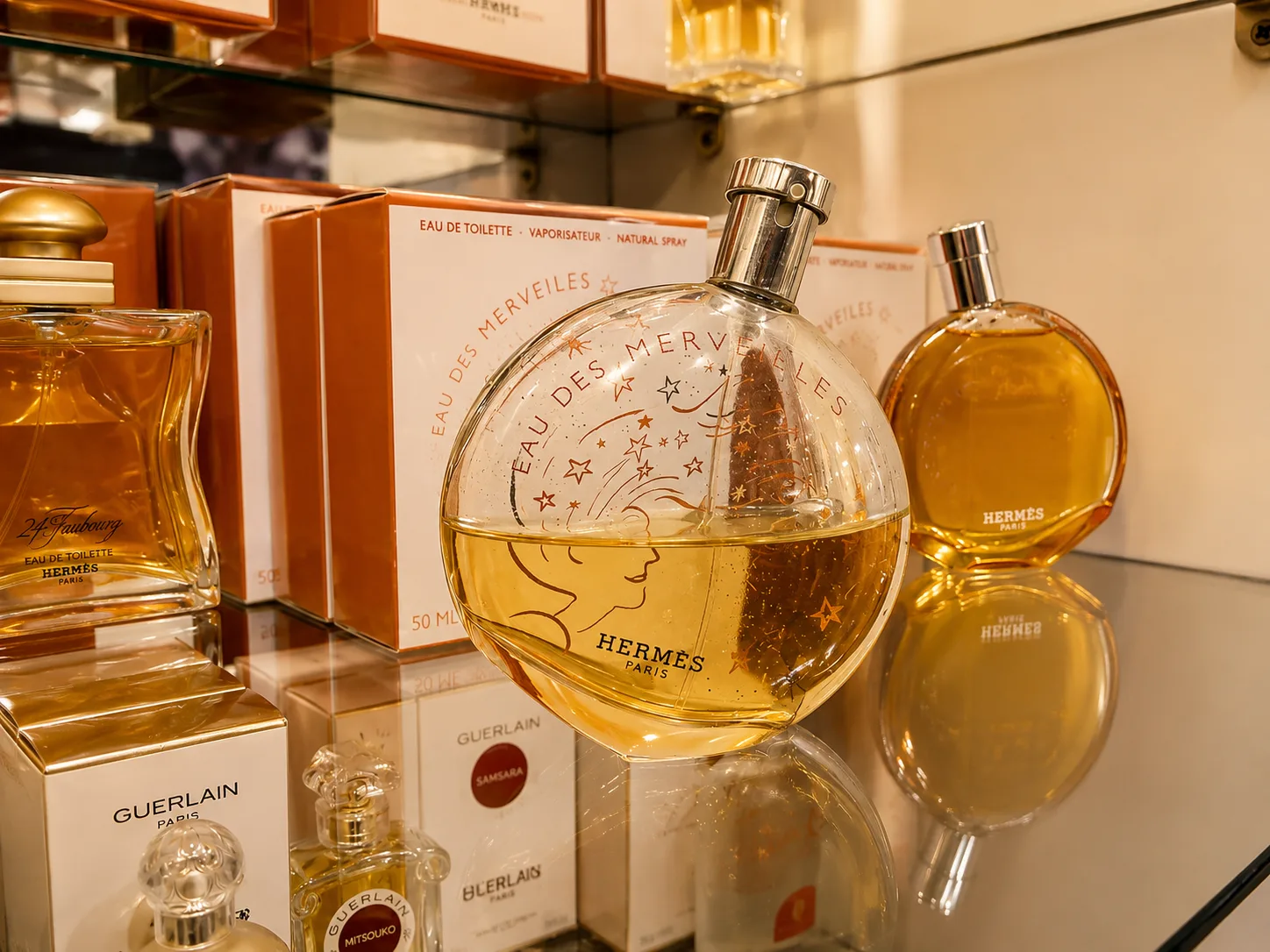 Profumi Hermès Eau des Merveilles e 24 Faubourg esposti in profumeria