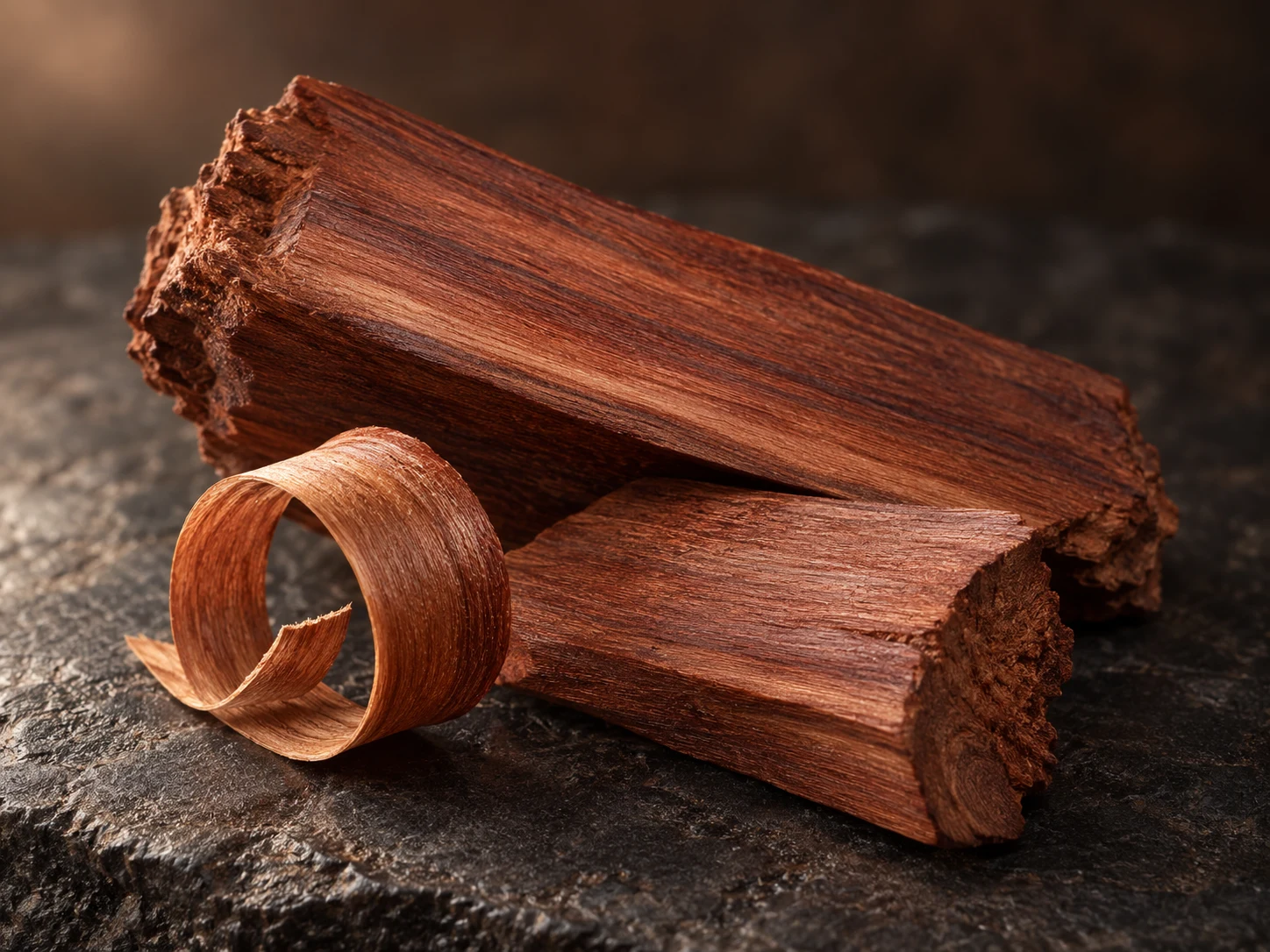 Frammenti di legno bruno rossiccio e un ricciolo su pietra scura, evocazione della nota di acajou