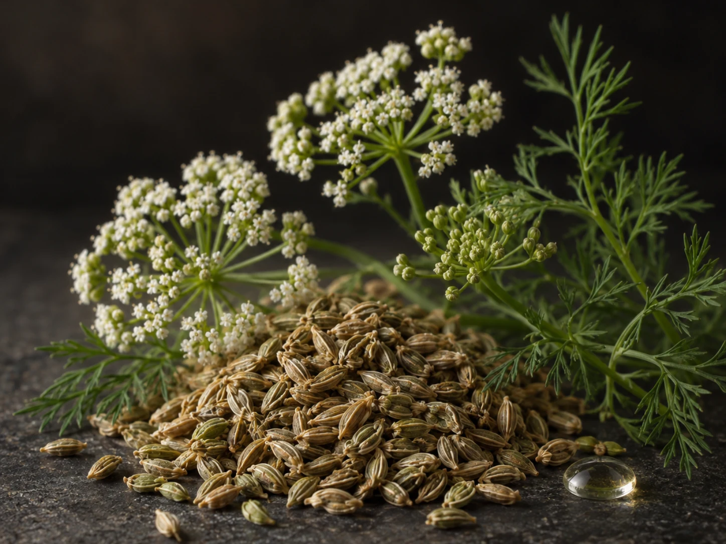 Semi e ombrelle fiorite di anice comune su una superficie di pietra scura