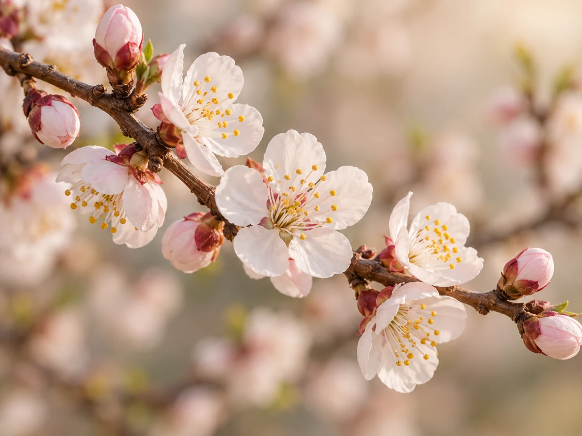 Fiori d’albicocco bianco rosati su un ramo, rappresentazione botanica evocativa della materia olfattiva
