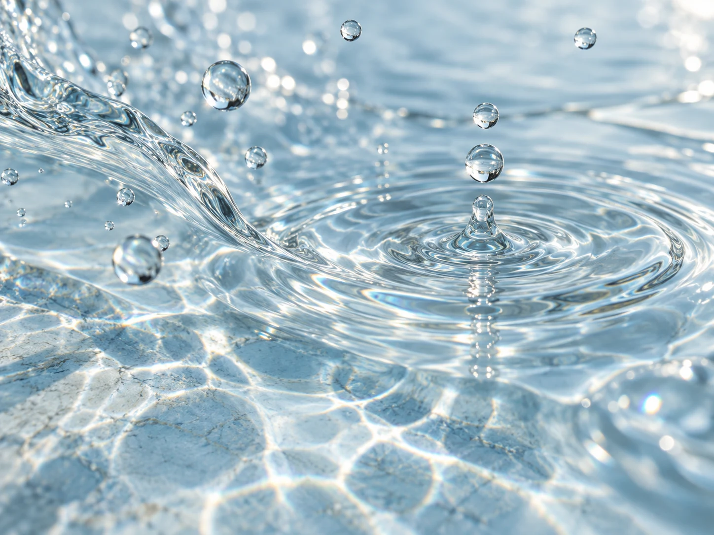 Increspature e gocce d’acqua trasparenti su una superficie minerale azzurra