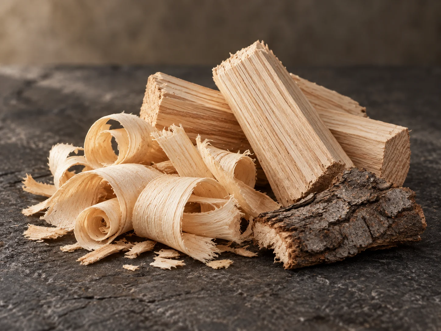 Legno chiaro di frassino con trucioli e corteccia su pietra scura