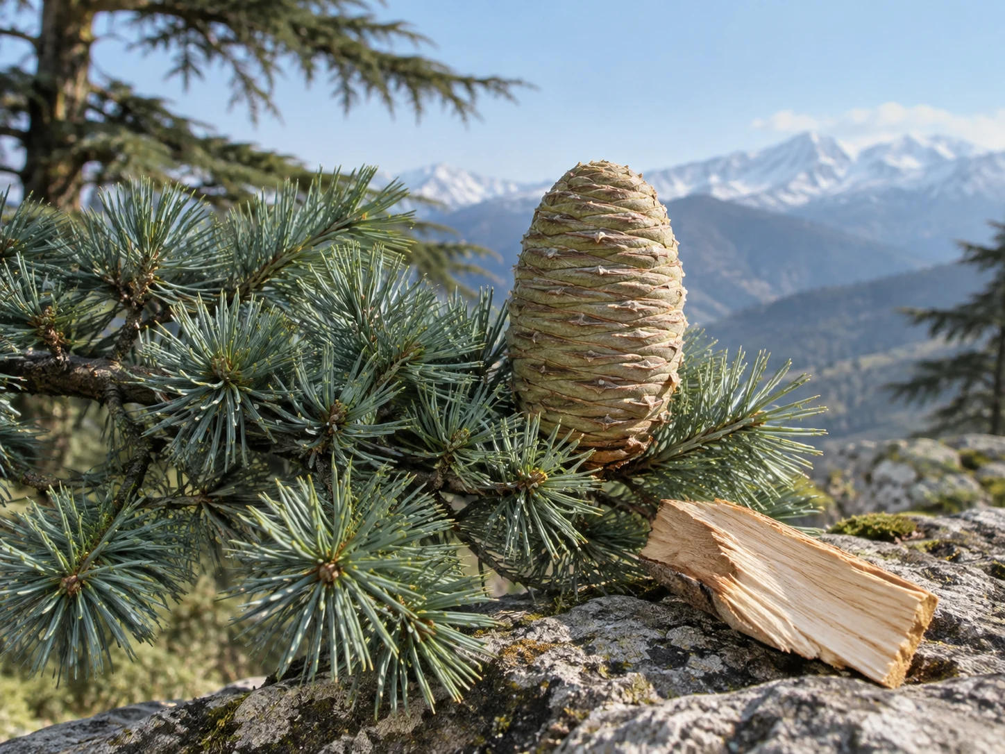 Ramo di cedro dell’Atlante con aghi blu verdi, cono e legno chiaro