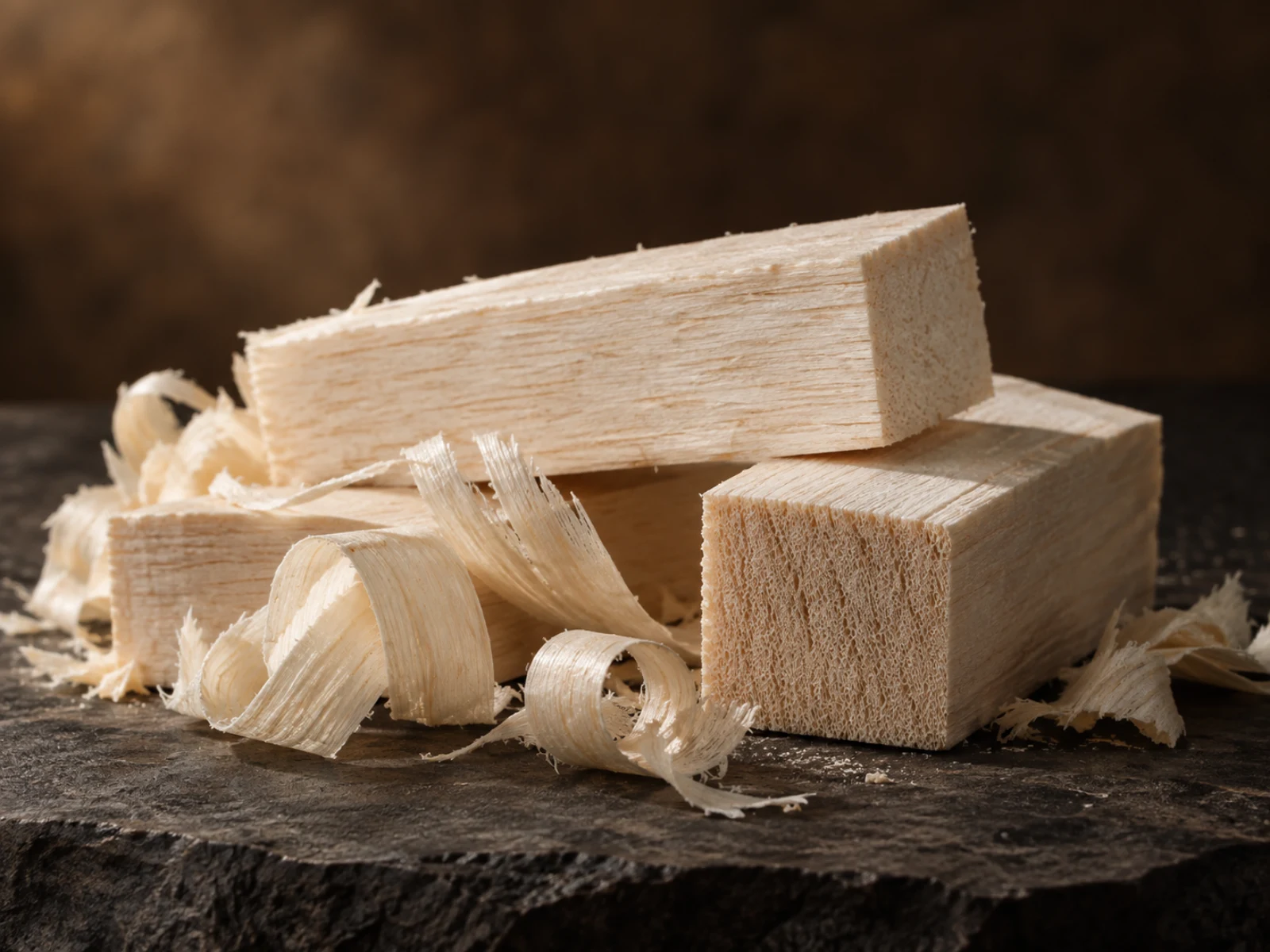 Blocchi chiari e trucioli di legno di balsa grezzo su una superficie di pietra scura