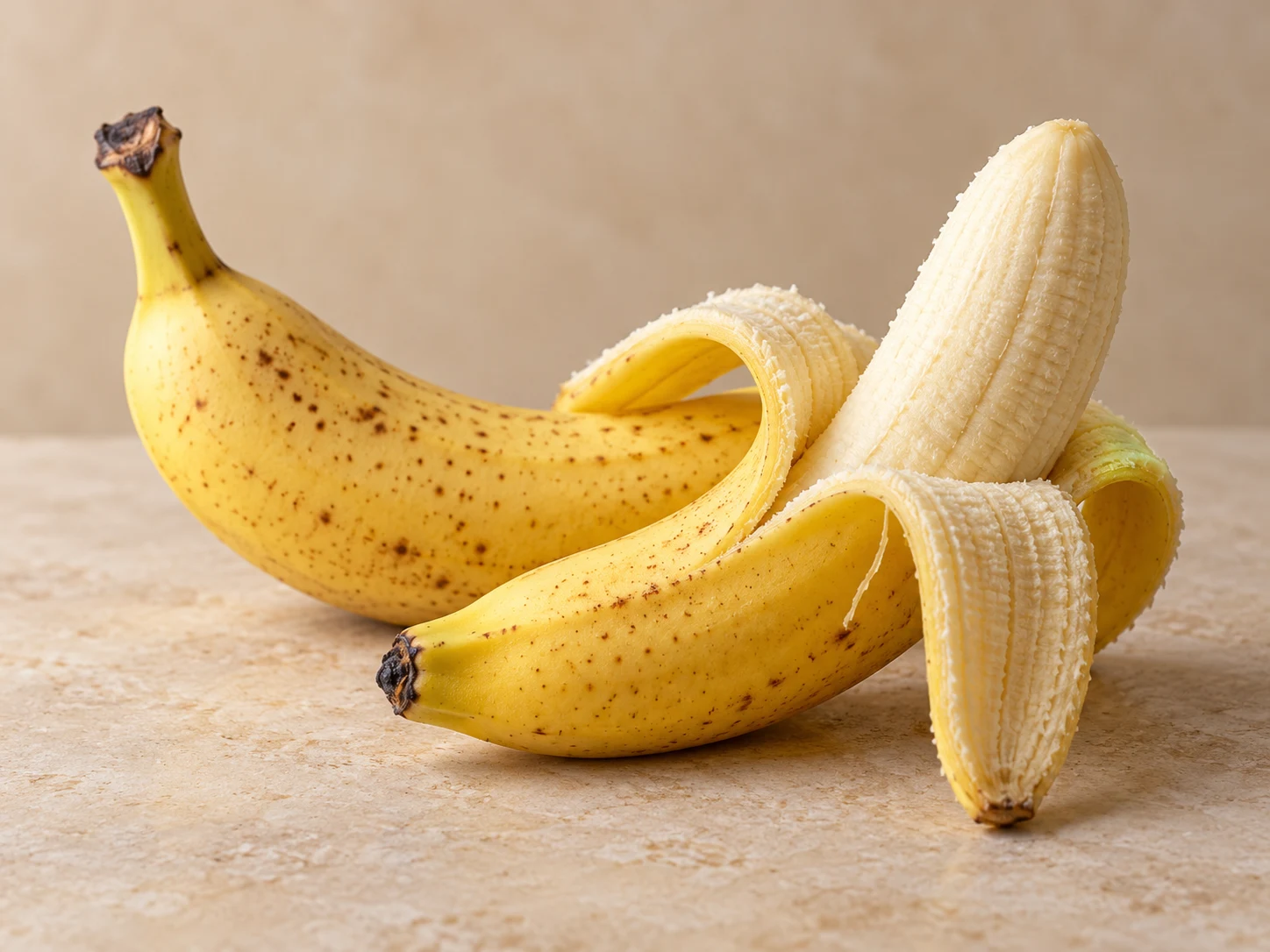 Una banana matura intera e una parzialmente sbucciata su pietra chiara