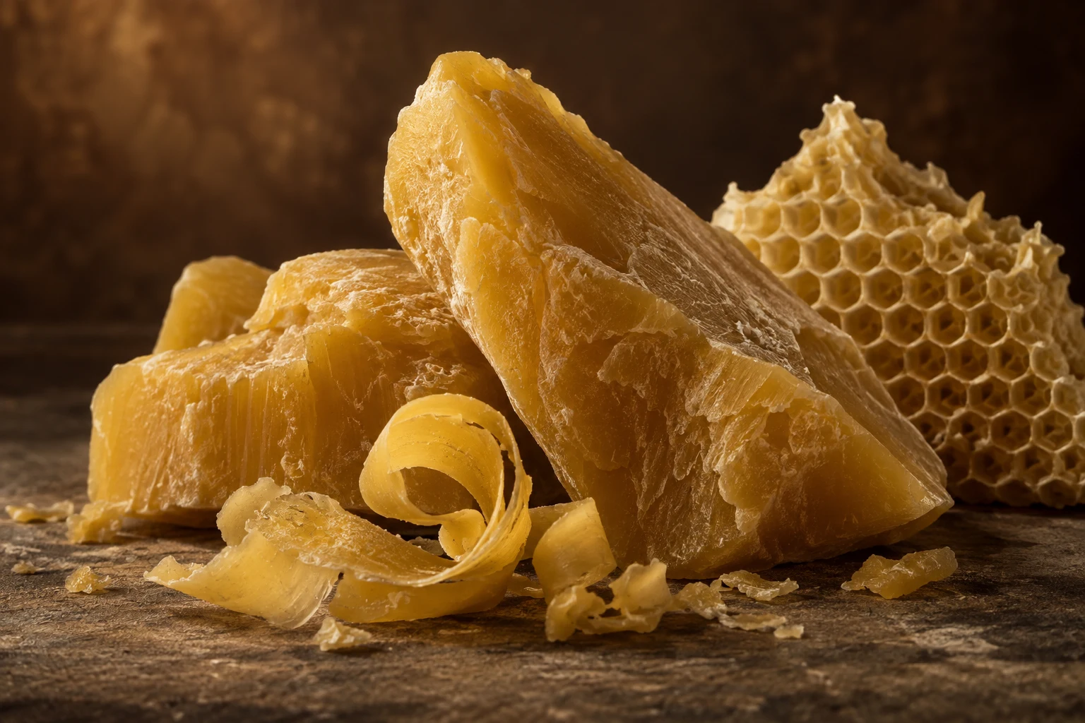 Lastre e riccioli di cera d’api naturale con un frammento di favo