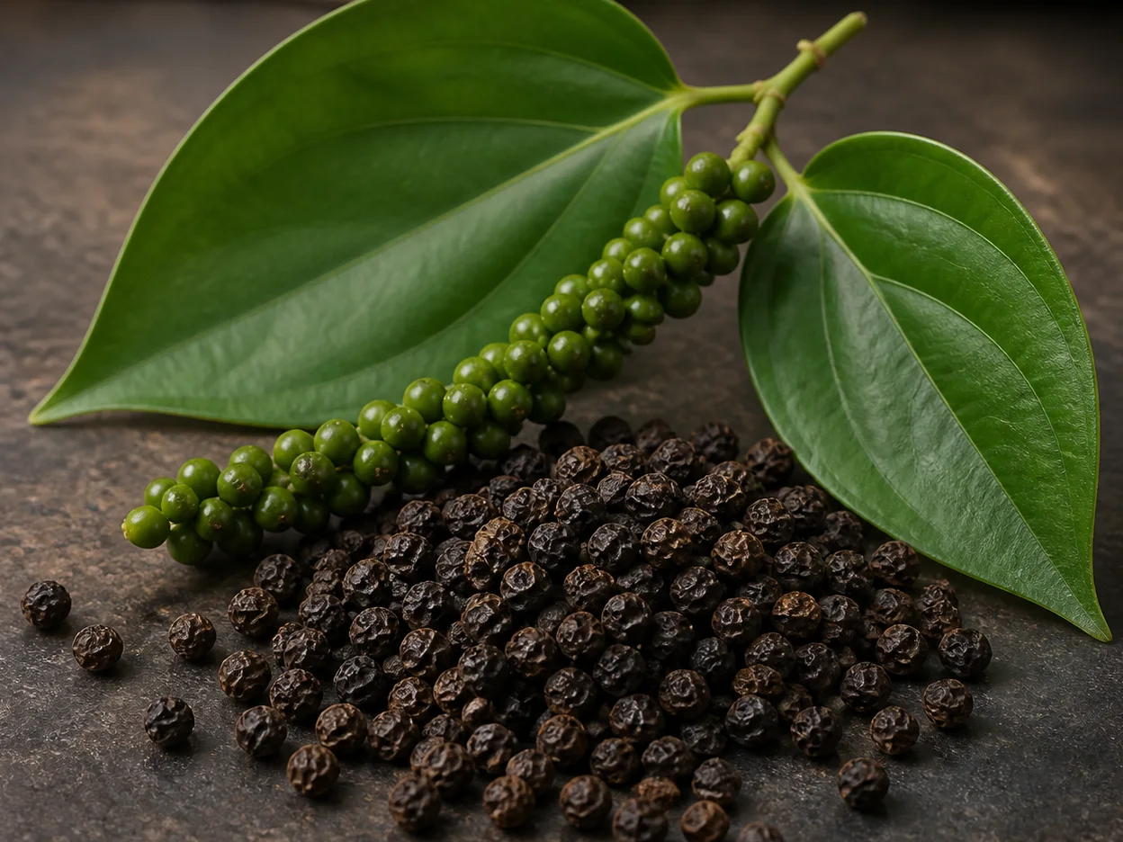 Grani di pepe nero con una spiga verde e foglie
