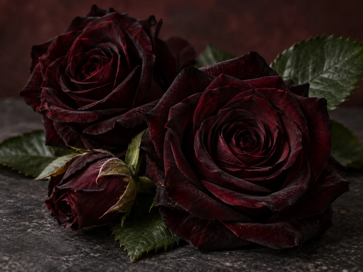 Rose color bordeaux molto scuro con riflessi cremisi e foglie verdi