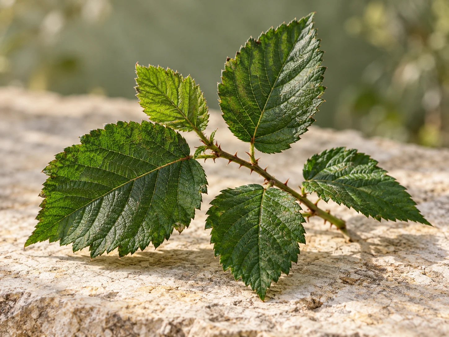 Foglie verdi dentellate su un rametto di mora con piccole spine, su pietra chiara
