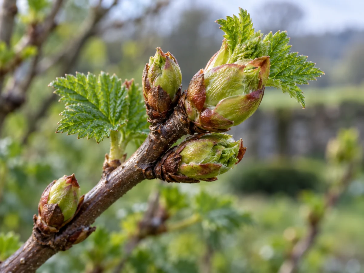 Germogli verdi e bruno rossastri di ribes nero su un ramo con giovani foglie, rappresentazione botanica evocativa della materia olfattiva